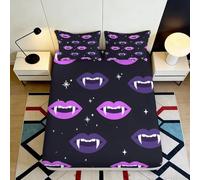 Drap Housse Imprimé 3D Dents de Vampire Microfibre Poche Profonde Linge de Lit Chambre Dents de Vampire Protège-Matelas Élastique Lavable 90x200x25cm