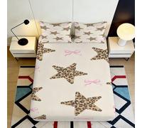Drap Housse Imprimé 3D Étoile Léopard Microfibre Noeud Rose Protection Matelas Décor Chambre Maison Appartement 120x200x25cm