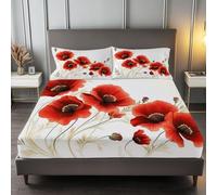 Drap-Housse Imprimé 3D Fleurs De Pavot À L'Aquarelle Parure De Lit Drap Imprimé 90x200cm avec Deux Taies d'oreiller 65x65cm Beige Poche de 30 cm de Profondeur Confortable Et Doux