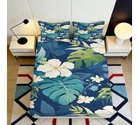 Drap Housse Imprimé 3D Fleurs Tropicales Microfiber Poche Profonde Textile Chambre Draps Protection Matelas Feuilles Tropicales Lavable 180x200x25cm