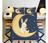 Drap-Housse imprimé 3D Lapin Lune Microfibre antidérapant décor étoilé Protection Matelas Lavable pour Chambre d'ami logement étudiant 120x200x25cm