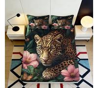 Drap-Housse Imprimé 3D Léopard Fleurs Microfibre Grande Profondeur Entourage Élastique Linge de Lit Leopard Protection Matelas Lavable 200x200x25cm