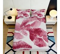 Drap Housse Imprimé 3D Lèvres Rouges Microfibre Poche Profonde Antidérapant Ensemble Linge Lit Motif Bisous Protège-Matelas Lavable Adulte Jeune 180x200x25cm