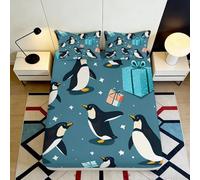 Drap Housse Imprimé 3D Motif Pingouin Microfibre Grand Bonnet Antidérapant Enveloppant Linge de Lit Chambre Pingouin Mattress Fitted Cover pour Adultes Ados 140x200x25cm