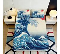 Drap-Housse Imprimé 3D Motif Vague Microfibre Poche Profonde Bord Élastique, Ocean Style Protège-Matelas Housse Antidérapante Lavable Chambre 160x200x25cm