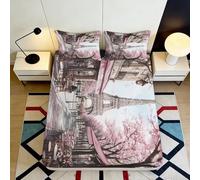 Drap Housse Imprimé 3D Paris Cerisier Microfibre Grande Profondeur Antidérapant Linge de Lit Chambre Housse de Matelas Fitted Lavable 160x200x25cm