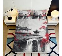 Drap Housse imprimé 3D Paysage Asiatique Microfiber Poche Profonde antidérapant pour Chambre Adulte Housse Matelas Asiatique Enveloppement Complet Lavable Protection Matelas 140x200x25cm