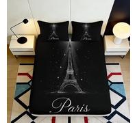 Drap Housse imprimé 3D Tour Eiffel Microfibre Poche Profonde antidérapant literie Chambre Paris protège-Matelas Lavable pour Adulte 160x200x25cm