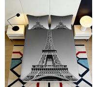 Drap Housse Imprimé 3D Tour Eiffel Microfibre Profondeur Étendue Antidérapant Literie Chambre Housse Matelas Paris Lavable 160x200x25cm