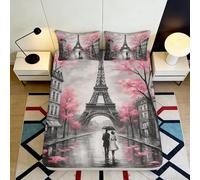 Drap-Housse imprimé 3D Tour Eiffel Paris Microfibre Gris Rose Housse de Matelas décor Chambre Cadeau 90x200x25cm
