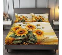 Drap-Housse Imprimé 3D Tournesol Aquarelle Parure De Lit Drap Imprimé 90x200cm avec Deux Taies d'oreiller 65x65cm Noir Poche de 30 cm de Profondeur Confortable Et Doux