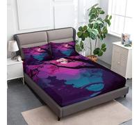 Drap Housse imprimé Dessin Animé Pont Cerisiers en Fleurs Doux 160 x 200 cm, Housse de Matelas Respirant Antidérapants Résistant aux Rides Bonnet 30 cm Violet Lavande avec taies d'oreiller