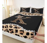 Drap-housse imprimé léopard, collection guépard africain tendance avec nœuds, lettre initiale K, poche profonde pour enfants, adolescents et jeunes avec 2 taies d'oreiller (sans drap plat)