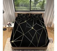 Drap-Housse imprimé Rayures Lignes GéOméTriques, Housse de Matelas en Microfibre avec Une Rebord Élastique Antidérapants Résistant aux Rides Drap Housse200 x 200 cm Drap Housse Noir Or