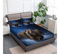 Drap Housse imprimé Rêve Neige Animal Ours Doux 180 x 200 cm, Housse de Matelas Respirant Antidérapants Résistant aux Rides Bonnet 30 cm Bleu Marine avec taies d'oreiller