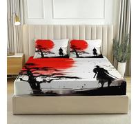 Drap-Housse Imprimé Style Japonais Anime Samouraï Soleil Noir Rouge Parure De Lit Drap 140 x 200 cm avec Deux Taies d'oreiller 65x65cm, Poche de 30 cm de Profondeur Confortable Et Doux