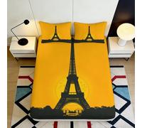 Drap Housse imprimée 3D Tour Paris en Microfibre Poches Profondes Bord élastique Couverture Matelas Motif français Lavable 160x200x25cm