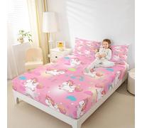 Drap-housse licorne mignonne pour très grand lit (sans plat), parure de lit 3 pièces, motif licorne arc-en-ciel, nuage, décoration de chambre pour filles, garçons, femmes, draps de lit rose aquarelle