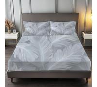 Drap Housse Lignes De Plumes Simples Drap Housse Bonnet 30cm Matelas en Microfibre, Doux et Durable Respirant avec Élastique Tout Autour, Gris, 180 x 200 cm