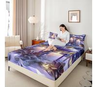 Drap-housse Merry Christmas pour enfants, motif flocon de neige, fleurs de pin, décoration de chambre, bougies Happy New Year pour garçons et filles, violet et doré, 2 taies d'oreiller (sans plat)