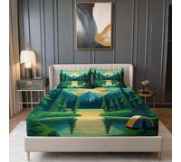 Drap Housse Microfibre 140 × 190 cm, Simple Pins Montagnes Rivière Imprimé Drap Housse, Vert Doux Protege Matelas avec Une Rebord Élastique, Convient aux Matelas jusqu'à 30 cm d'épaisseur