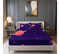 Drap Housse Microfibre 140 × 190 cm, Simple Planète Lignes Imprimé Drap Housse, Bleu foncé Doux Protege Matelas avec Une Rebord Élastique, Convient aux Matelas jusqu'à 30 cm d'épaisseur