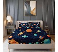 Drap Housse Microfibre 160 × 200 cm, Dessin animé Espace Planète Texture Imprimé Drap Housse, Bleu foncé Doux Protege Matelas avec Une Rebord Élastique, Convient aux Matelas jusqu'à 30 cm d'épaisseur