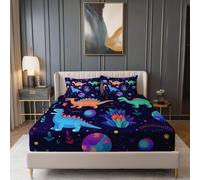Drap Housse Microfibre 160 × 200 cm, Rêve Espace Dinosaure Planète Imprimé Drap Housse, Bleu foncé Doux Protege Matelas avec Une Rebord Élastique, Convient aux Matelas jusqu'à 30 cm d'épaisseur
