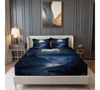 Drap Housse Microfibre 200 × 200 cm, Fantastique Planète Montagnes Halo Imprimé Drap Housse, Noir Doux Protege Matelas avec Une Rebord Élastique, Convient aux Matelas jusqu'à 30 cm d'épaisseur