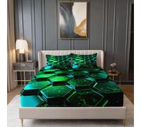 Drap Housse Microfibre 90 × 190 cm, Science-Fiction 3D Hexagone Texture Imprimé Drap Housse, Vert foncé Doux Protege Matelas avec Une Rebord Élastique, Convient aux Matelas jusqu'à 30 cm d'épaisseur