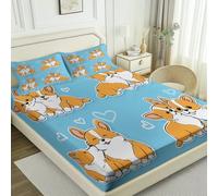 Drap Housse Microfibre, Dessin Animé Chiot Coeur d'amour Imprimé Doux Élastique sans Plis Lavable Orange Bleu Draps Housses, Convient à Toutes Les Saisons Drap Housse, 160 x 220 cm