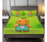 Drap-Housse Microfibre Doux 140 x 200 cm Petits Personnages Orange Dessin Animé sur l'herbe Housse de Matelas Respirante Anti-Glisse avec 2 Taies d’Oreiller, Grand Bonnet 30cm, Vert