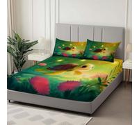 Drap-Housse Microfibre Doux 180 x 200 cm Plantes Tortues Mignonnes Housse de Matelas Respirante Anti-Glisse avec 2 Taies d’Oreiller, Grand Bonnet 30cm, Vert