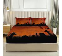 Drap Housse Microfibre, Motif Halloween Horreur Cimetières Drap Housse Protège pour 30 cm Epais - 140 x 190 cm Antidérapants Résistant Rouge Brique Ajustable Housse Matelas avec Une Rebord Élastique