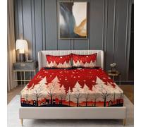 Drap Housse Microfibre, Style Artistique Forêt Étoiles Housse avec Bande Élastique, Drap Housse Respirant pour Matelas Epais - Draps Housses pour Lit 1~2 Personnes (160 x 200 + 30 cm,Rouge)