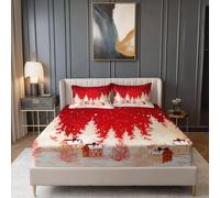 Drap Housse Microfibre, Style Artistique Numérique Forêt Chalet Étoiles Housse avec Bande Élastique, Drap Housse Respirant - Draps Housses pour Lit 1~2 Personnes (180 x 200 + 30 cm,Rouge)