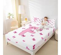 Drap-housse monogrammé lettre F, collection double avec nœud en ruban, rose et blanc, literie avec nœud de dessin animé, poche profonde pour enfants, adolescents et jeunes avec 2 taies d'oreiller