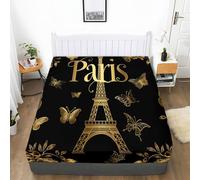 Drap-Housse Motif Bordure De Luxe Paris Drap Housse Antidérapants Résistant Doux Microfibre aux Rides avec 2 Taie d'oreiller Bonnets 30 cm pour Matelas Épais Noir Et Or 90 x 200 +30cm
