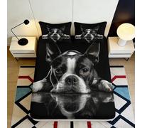 Drap Housse Motif Boston Terrier Reflection 3D Printed Microfibre Noir Blanc Protège Matelas Antidérapant Lavable Chambre Décor 160x200x25cm