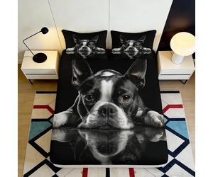 Drap Housse Motif Boston Terrier Reflection 3D Printed Microfibre Noir Blanc Protège Matelas Antidérapant Lavable Chambre Décor 160x200x25cm