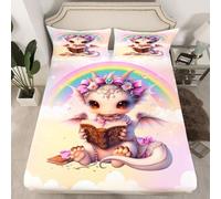 Drap-housse motif dragon mignon, sans drap plat, adorable animal magique fille, tissu décoratif doux arc-en-ciel, fantaisie, poche nuage, taille simple avec 1 taie d'oreiller