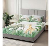 Drap Housse Motif Éléphant Girafe Et Palmier Drap Housse Bonnet 30cm Matelas en Microfibre, Doux et Durable Respirant avec Élastique Tout Autour, Blanc, 140 x 200 cm