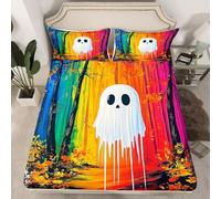 Drap-housse motif fantôme mignon pour lit simple, parure de lit amusante pour Halloween (sans drap), paysage naturel de la jungle (1 drap-housse + 1 taie d'oreiller), style peinture à l'huile colorée