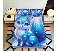 Drap-Housse Motif Renard Bleu Ciel étoilé 3D imprimé en Microfibre, Protection Matelas Animal Cosmique Chambre dortoir 120x200x25cm