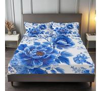 Drap Housse Motifs Floraux De Style Chinois Drap Housse Bonnet 30cm Matelas en Microfibre, Doux et Durable Respirant avec Élastique Tout Autour, Bleu, 160 x 200 cm