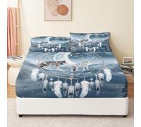 Drap Housse Multicolore 140 x 190 cm Fantaisie Loup Lune Antidérapants Résistant Aux Rides Drap Housse en Microfibre,Bonnet 30 Cm avec Une Rebord Élastique avec 2 Taies D'Oreillers