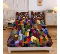 Drap Housse Multicolore 160x200cm, Doux Lavable Housse Protege avec Bonnet 30 cm, Motifs Géométrie 3D Résumé Cube Linge de Lit Rebord Élastique Doux avec 2 Taies d'oreiller 65x65cm