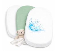 Drap Housse Nacelle (Lot de 2) + 1 Alèse Imperméable Protège Matelas - Set 2+1 Draps Housses 40x80 cm 100% Coton et Alèse Imperméable - Oeko-TEX (Blanc/Eucalyptus, 43 x 83 cm)