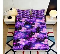 Drap Housse Papillon Violet 3D Imprimé Microfibre Ciel Étoilé Protège-Matelas Antidérapant Lavable pour Chambre Étudiant 90x200x25cm
