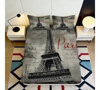 Drap-Housse Paris 3D Impression Microfibre Poche Profonde Linge de Lit Style Parisien Protège-Matelas Enveloppant Antidérapant Adulte 160x200x25cm
